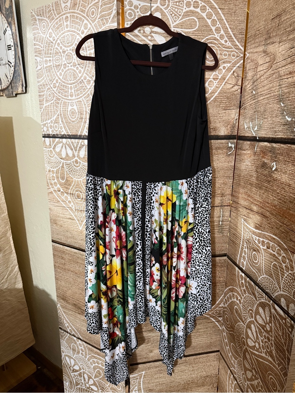 Danny & Nicole Black Top Floral Handkerchief Hem Dress with Green, Yellow, Pink